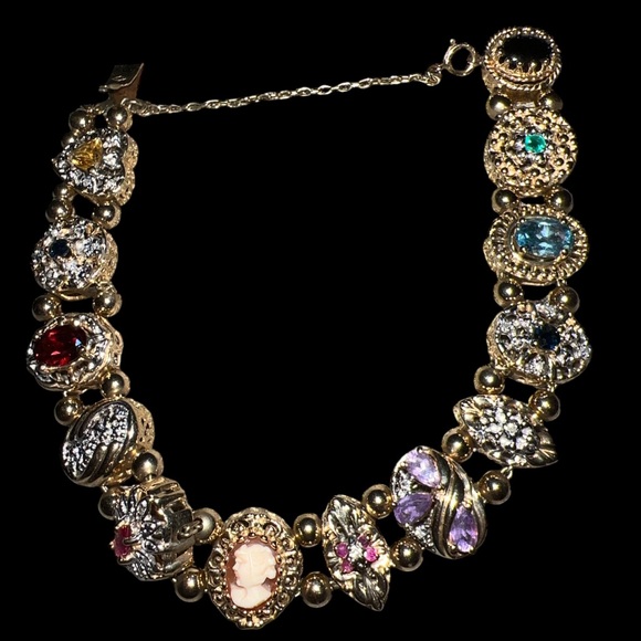 VINTAGE 14K YELLOW GOLD SLIDE BRACELET, GEMSTONES, GOLD BALL AND CHAIN SPACERS - Picture 1 of 17